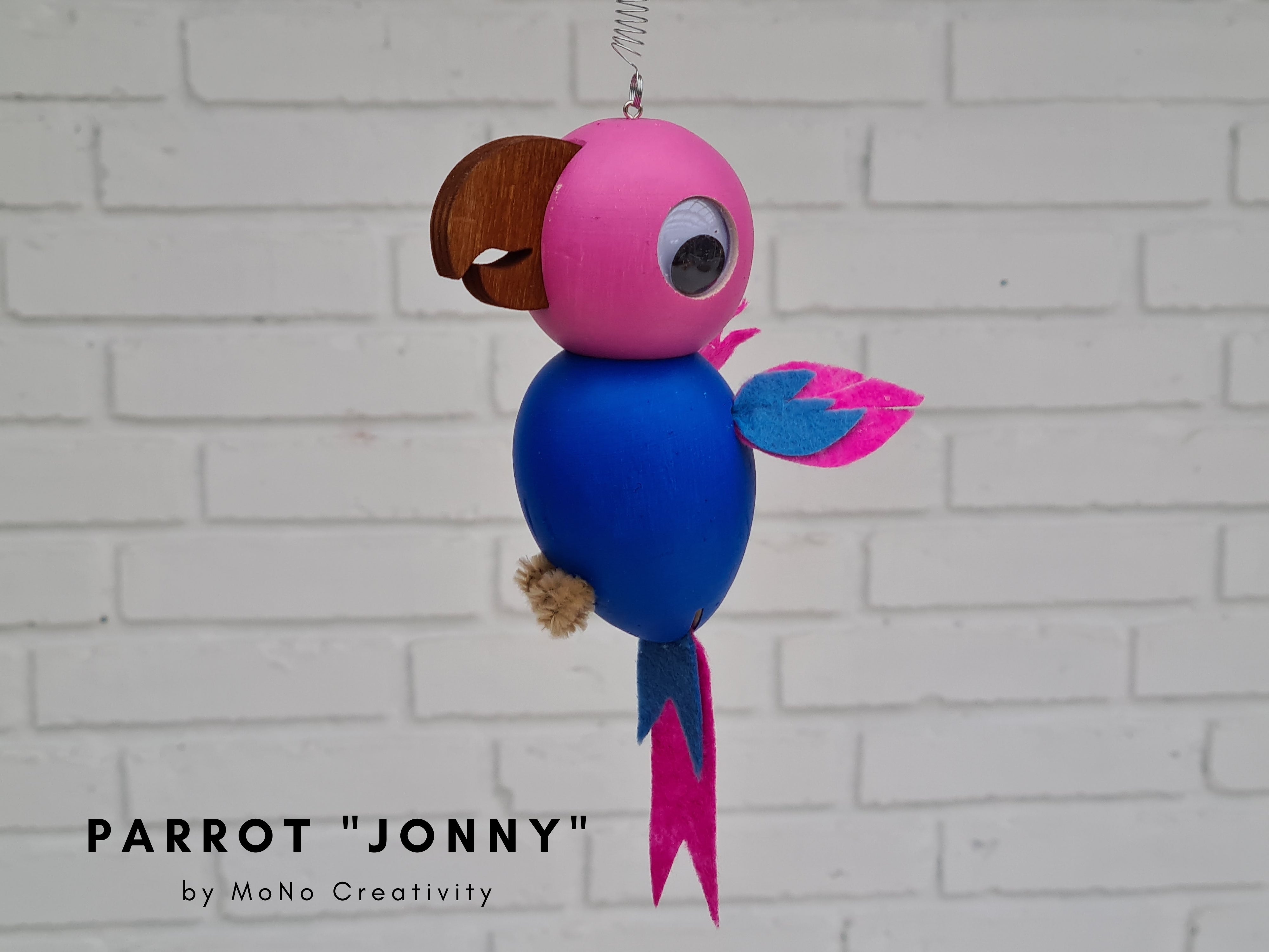 Hængende dekorativ figur, Papegøje "Jonny", bøgetræ